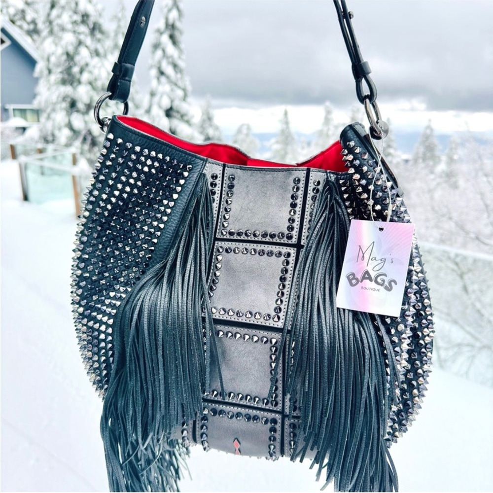 Louboutin: Spiked Fringe Studded Leather Shoulder Bag